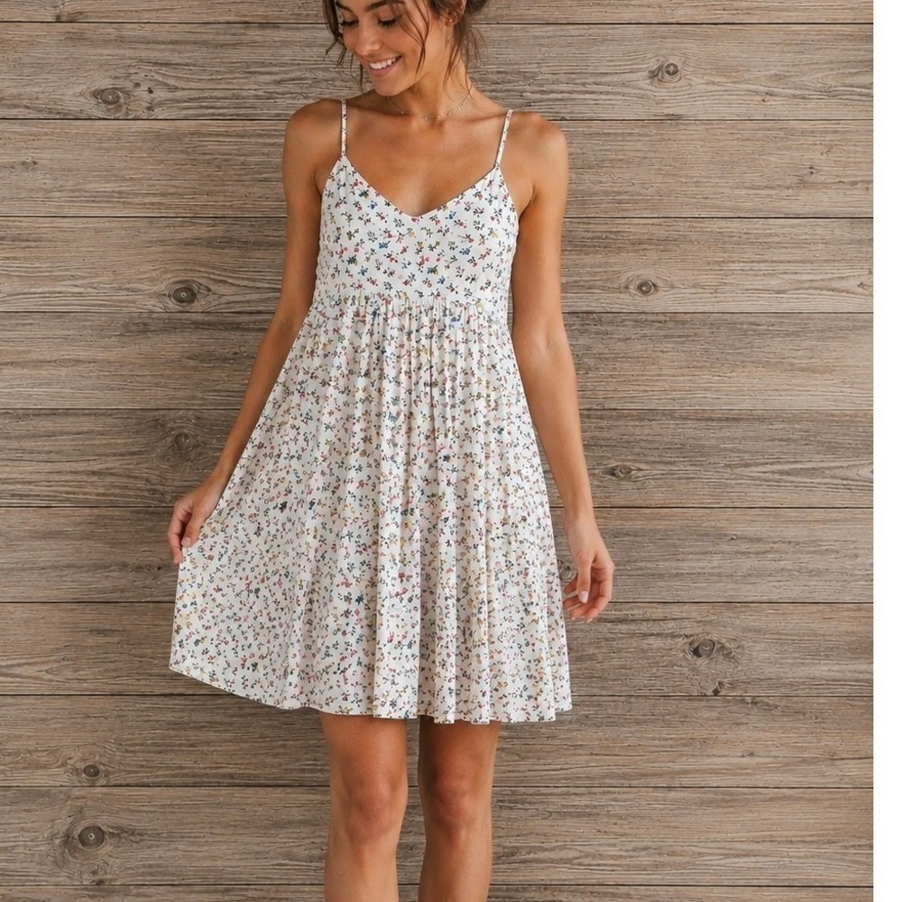 White Floral Spaghetti Strap Smocked Back Mini Sun Dress Womens